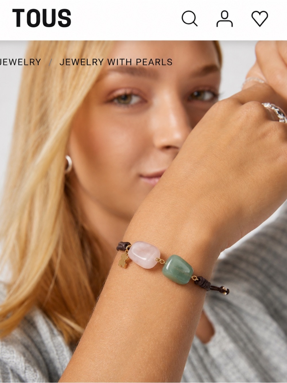 TOUS Cord Bracelet Natural Stones Green Aventurine & Rose Quartz Bear Charm